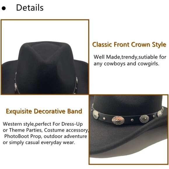🆕 Men Black Cowboy Hat Western Felt Fedora Chapeau Halloween Costume Belt Wicks - Picture 4 of 6